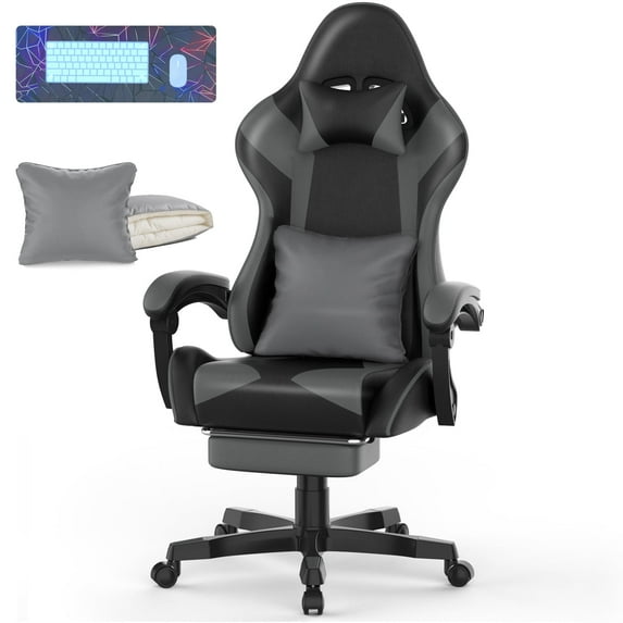 SOONTRANS Gaming Chair, High Back PU Leather Gamer Chair Game with Massage & Footrest, Reclining Ergonomic Computer Office Chair for Adults, Racing Style Video Game Chair, Grey