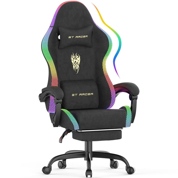 SOONTRANS RGB Gaming Chair with LED Lights, Game Chair for Adults, High Back Gamer Chair with Footrest and Massage, Fabric Reclining Video Game Chair Swivel for Office Home Chair,Black