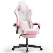 SOONTRANS Gaming Chair for Adults, Leather Office Chair with Footrest & Massage Lumbar Support, High Back Gamer Game Chairs, White/Pink