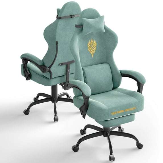 SOONTRANS Green Gaming Chair for Adult, Velvet Fabric Ergonomic Comfortable Video Gamer Chair with Footrest, Reclining Office Computer Desk Game Chairs with Massage Lumbar Cushion, Headrest