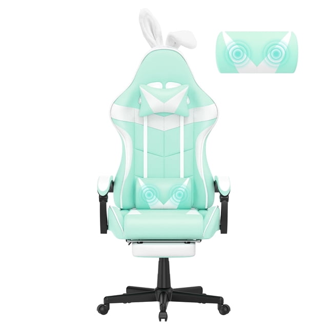 SOONTRANS Green Gaming Chair with Footrest, Ergonomic Office Chair with Massage Lumbar Support with Headrest, Lovely Cute Bunny Ear Game Gamer Computer Chairs for Granddaughter,Sister,Girlfriend