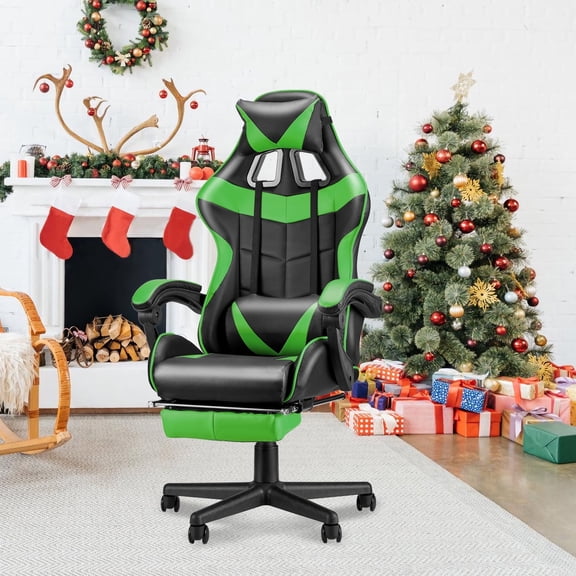 SOONTRANS Green Gaming Chair with Footrest, High Back Gamer Chair with Massage Lumbar Pillow, Gamer Computer Desk Chair (Green)