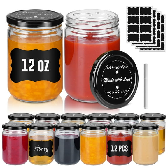 SOONTRANS Mason Jars 12oz, 12 Pack Regular Mouth Glass Jars With Lid Salad Jars with Stickers Canning Jars, Condiment Pots Pickling Home Decor Overnight Oats Fruit Preserves Jam Jelly Food Relishes