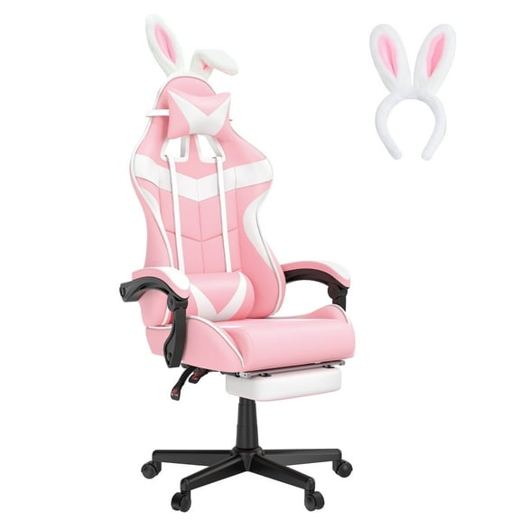 SOONTRANS Pink Gaming Chair, Adult Game Gamer with Footrest & Massage Lumbar Pillow , Ergonomic High Back Office Chairs with Bunny Ear, Pink