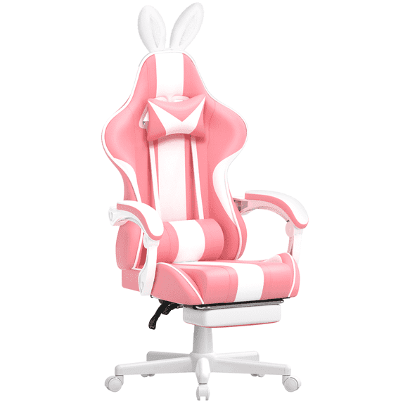 SOONTRANS Pink Gaming Chair with Footrest, Girls Ergonomic Game Gamer Chair with Massage Lumbar Pillow & Adjustable Bunny Ear Headrest for Adults s, High Back Office Computer