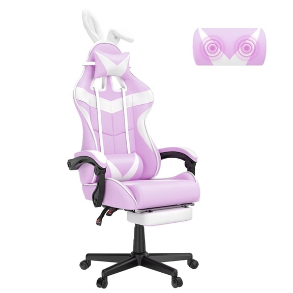 SOONTRANS Purple Gaming Chair with Footrest, Bunny Computer Gamer Chair with Massage Lumbar Pillow, Gamer Desk Chair for Granddaughter,Sister,Girlfriend,Wife and Love (Purple)