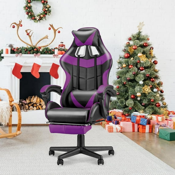 SOONTRANS Purple Gaming Chair with Footrest, High Back Gamer Chair with Massage Lumbar Pillow, Gamer Computer Desk Chair (Purple)