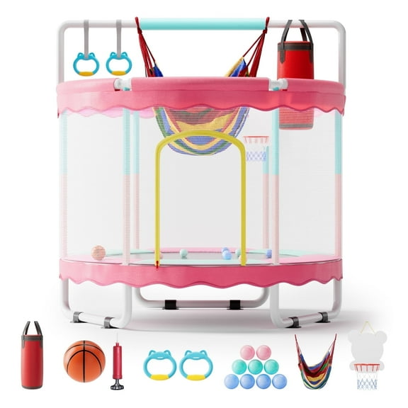 SOONTRANS Toddler Trampoline for Kids 60", Toddler Trampoline Mini with Enclosure Net, 5FT Indoor Outdoor Small Trampolines with Swing Basketball Hoop, Birthday Gifts for Boy and Girl, 440lbs, Pink