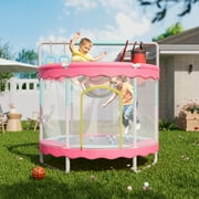 SOONTRANS Trampoline for Kids 60", Toddler Trampoline Mini with Enclosure Net, 5FT Indoor Outdoor Small Trampolines with Swing Basketball Hoop, Birthday Gifts for Boy and Girl, 440lbs, Pink