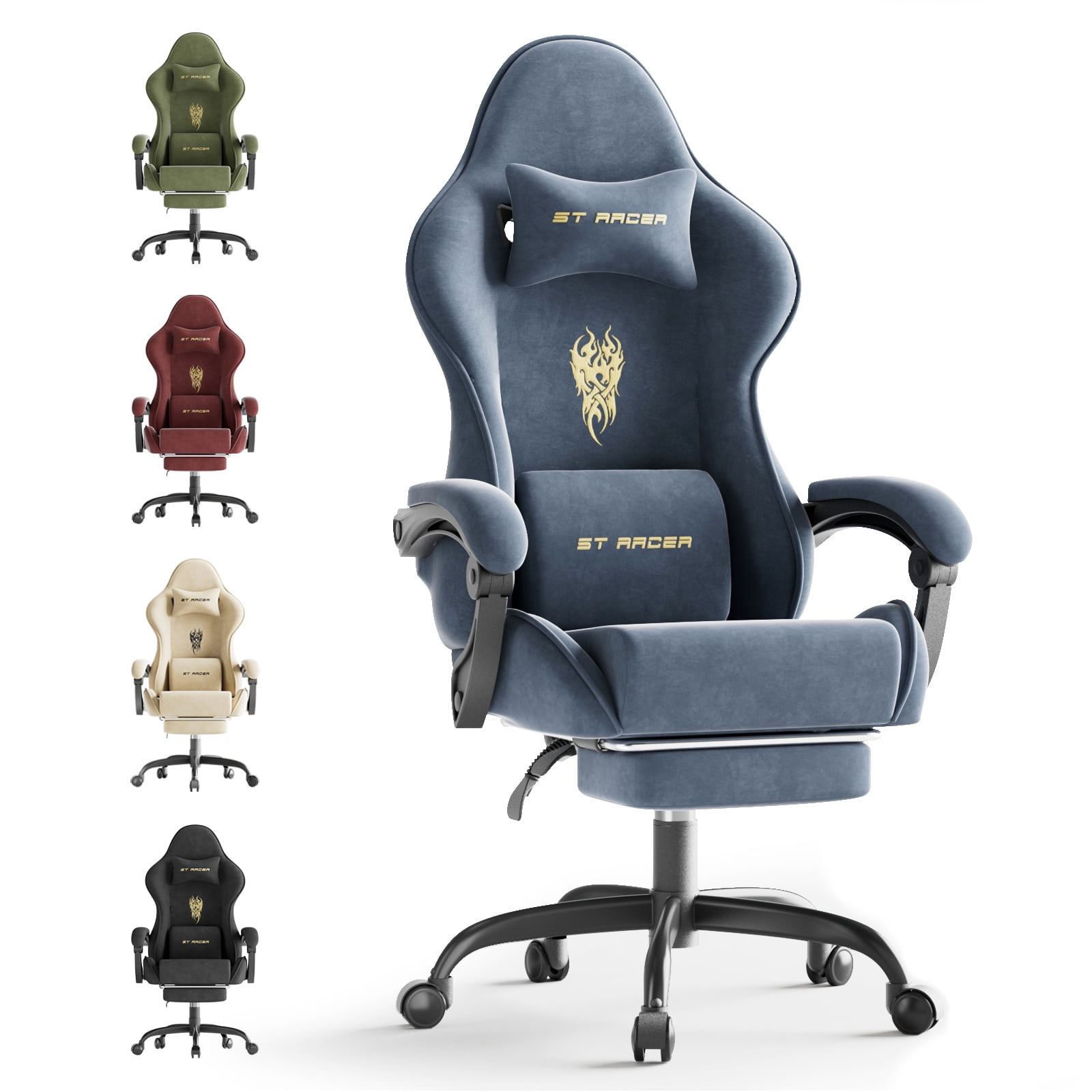 SOONTRANS Velvet Fabric Gaming Chair with Footrest, High Back Ergonomic
