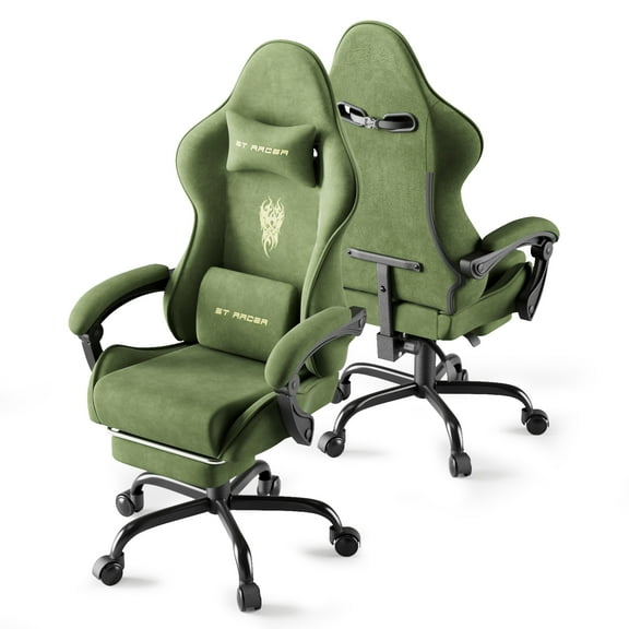 SOONTRANS Velvet Fabric Gaming Chair with Footrest, High Back Ergonomic Gamer Chair for Adult, Comfortable Video Game Chair with Massage Lumbar Cushion, Reclining Office Computer Desk Chair,Green