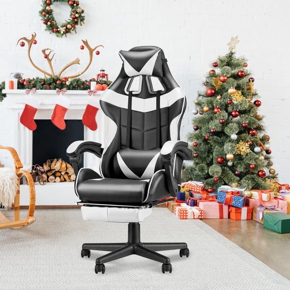 SOONTRANS White Gaming Chair with Footrest, High Back Gamer Chair with Massage Lumbar Pillow, Gamer Computer Desk Chair (White)