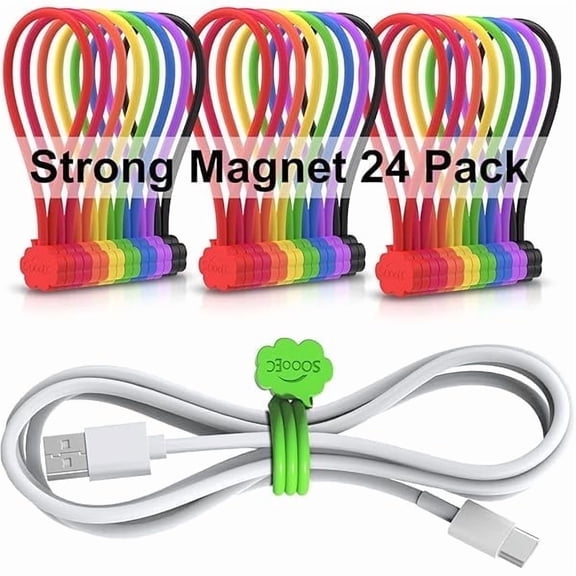 SOOOEC Magnetic Cable Ties, 24 Pack 7.2" Magnetic Cord Ties Cute Cloud Design, Reusable Silicone Twist Ties with Strong Magnet for Cord Organizer Keeper Wrap Clips, Fridge Magnets, Assorted Colors.