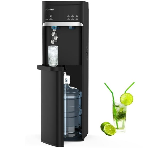 SOOPYK 3 in 1 Hot and Cold Water Dispenser with Ice Maker Bottom Load  for 3 or 5 Gallon Bottle 22lbs Daily Capacity Bullet-Shaped Ice, Black