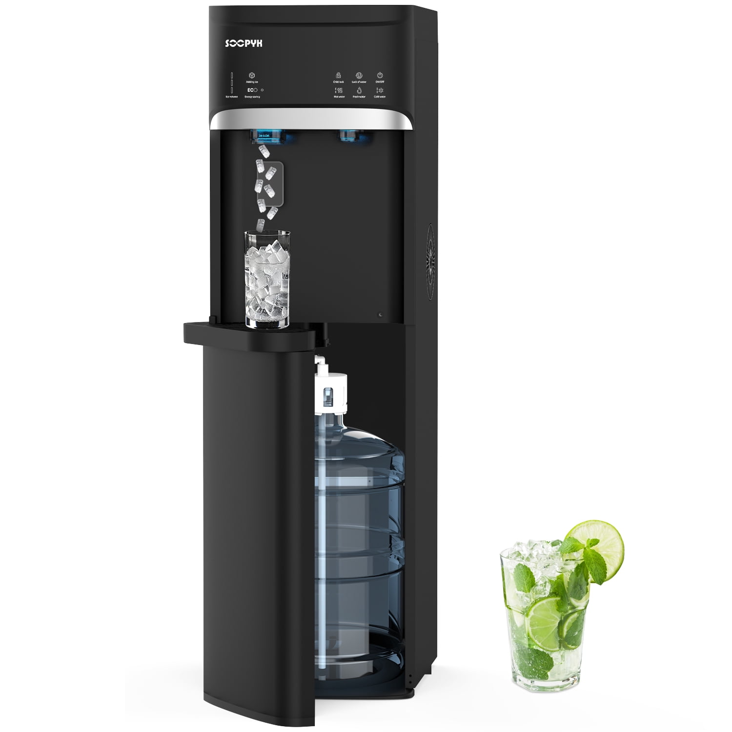 SOOPYK Bottom Loading Water Dispenser with Nugget Ice Maker, 44lbs/Day,5 Gallon,Self-Clean,3-Temp(Cold/Hot/Room),Child Lock,for Home & Office,Black
