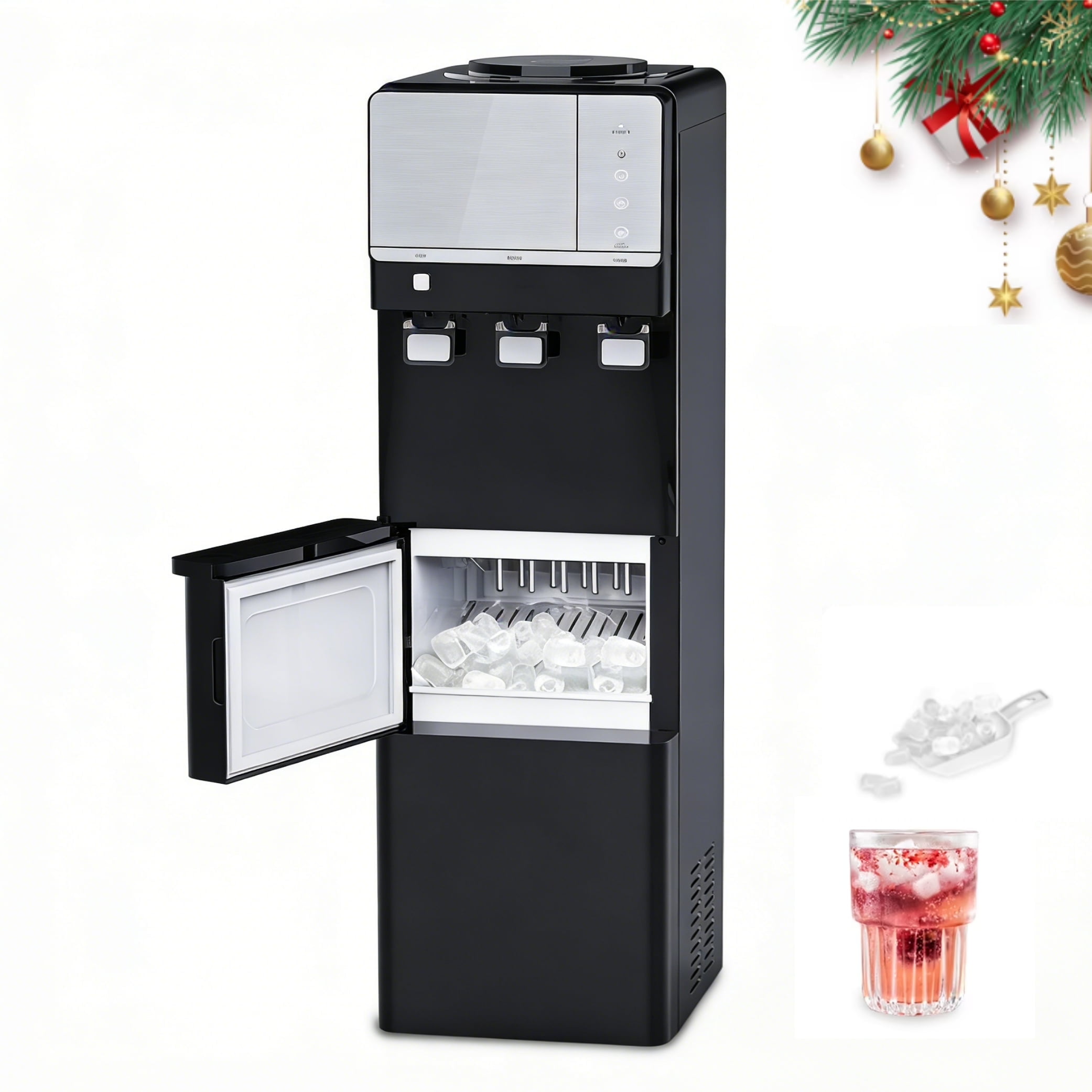 IKT Hot and Cold Water Dispenser with Ice Maker ,5 Gallon Bottle Top Load 27 lbs Daily Capacity with Child Safety Lock Black