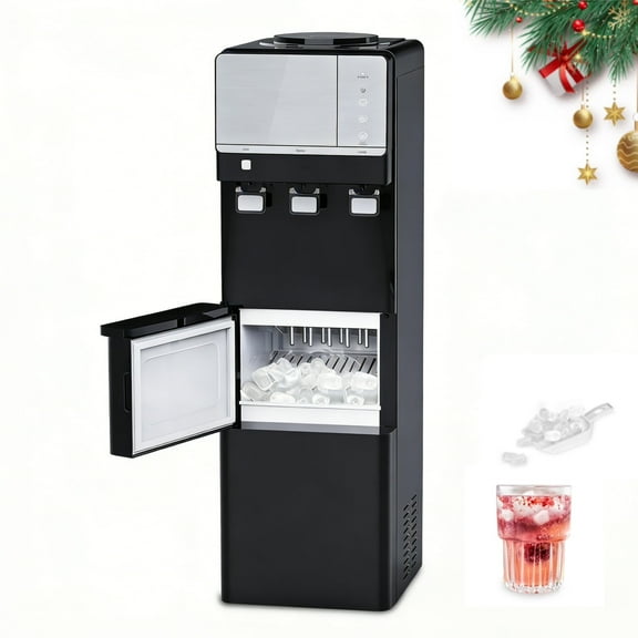 IKT Hot and Cold Water Dispenser with Ice Maker ,5 Gallon Bottle Top Load 27 lbs Daily Capacity with Child Safety Lock Black