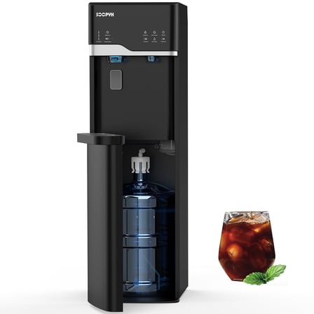 SOOPYK Self Cleaning 4 in 1 Water Cooler Dispenser with Ice Maker Bottom Load for 5 Gallon 3 Temperature Settings 22lbs Daily Capacity Black