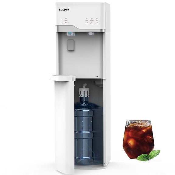 SOOPYK Self Cleaning 4 in 1 Water Cooler Dispenser with Ice Maker Bottom Load for 5 Gallon 3 Temperature Settings 22lbs Daily Capacity White