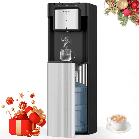 SOOPYK Self clean water Cooler Dispenser Bottom Load,5 Gallon,Child Safety Lock,3 Temperature,Empty Bottle Alert,Stainless Steel,for Home Office