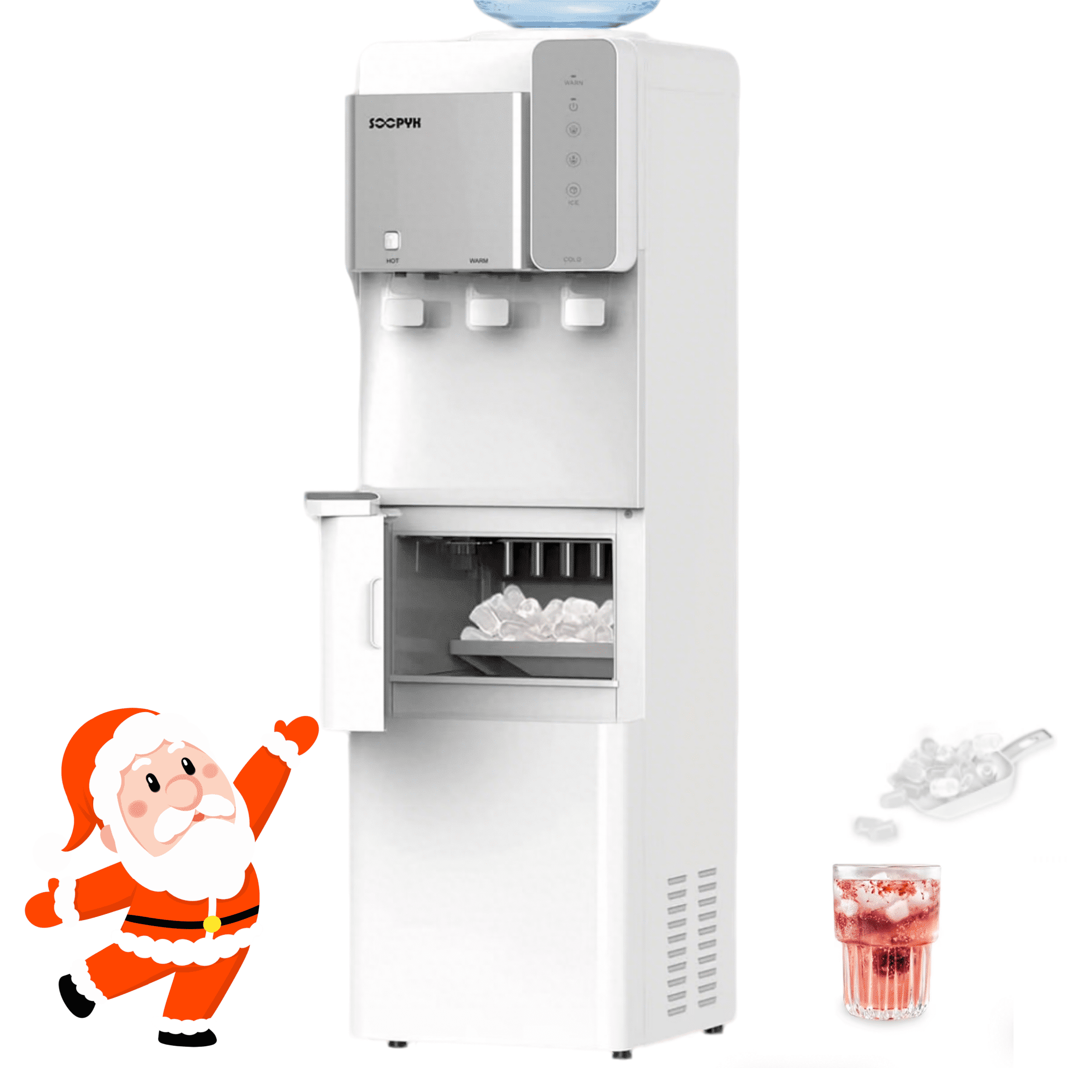 SOOPYK Top Load Water Dispenser Built-in Ice Maker for 3 or 5 Gallon 3 Temperature Setting 27 lbs Daily Capacity Night Light Child Safety Lock White