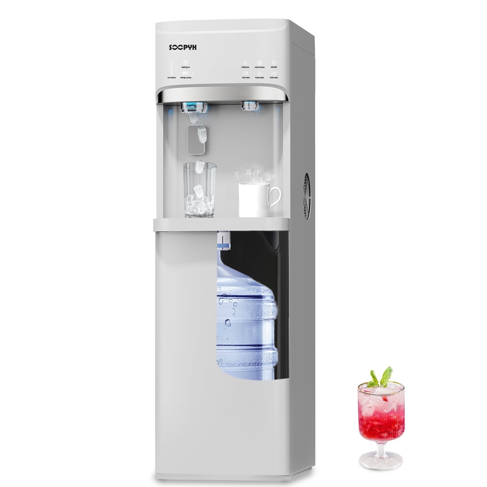 SOOPYK Water Dispenser with Ice Maker Bottom Loader|Fits 5 Gallon Bottles,22lbs Within 24hrs,Water with 3 Temperature,Self-clean & Child Lock,White