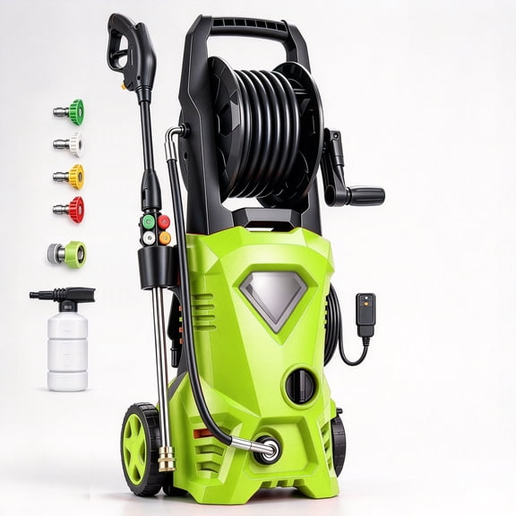 SOORAITON 5000 Psi Electric Power Washer with Gfci Protection, Pressure Washer with Hose Reel, 4 Metal Nozzle Set, Soap Cannon for Car Garden Yard Home, Green