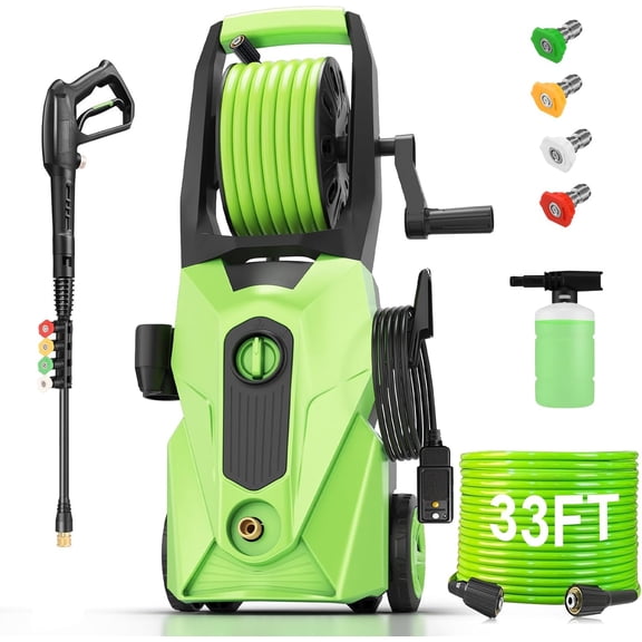 SOORAITON Electric Pressure Washer 5000 PSI Power Washer with GFCI Protection, 33FT Hose Reel, 4 Nozzle Set, Soap Cannon Powerwasher for Home, Car, Green