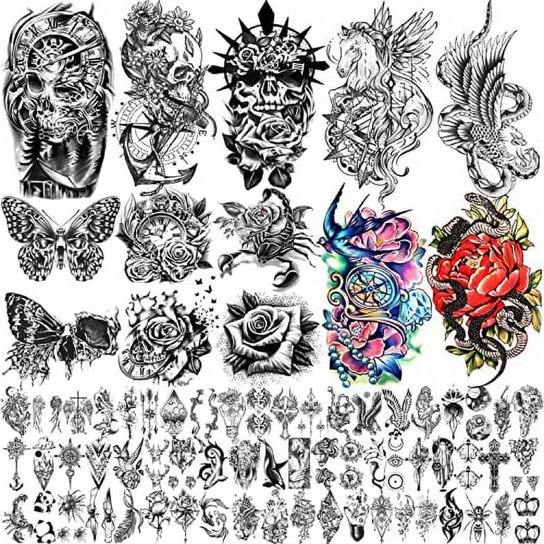 SOOVSY 70 Sheets Temporary Tattoos Adult, Snake Half Sleeve Tattoos for  Men, Flower Fake Tattoos, Long Lasting Skull Tattoos Temporary Realistic  with