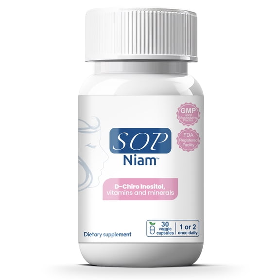 SOP NIAM D-Chiro Inositol Supplement for PCOS with Folic Acid, Vitamin B6, B12, D3, Biotin, Gluten-Free, 30 Capsules, 30 Day Supply