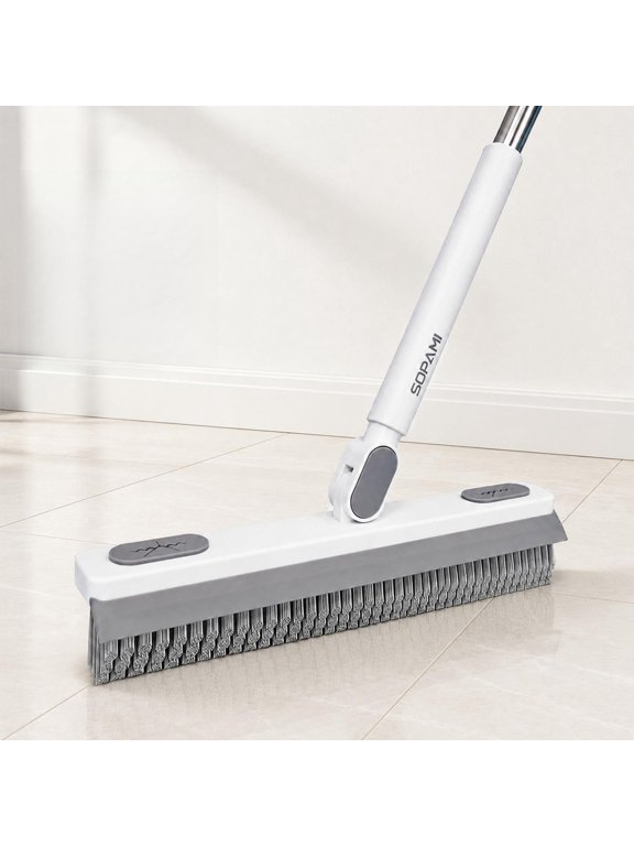 SOPAMI Grout Brush with Long Handle, Floor Scrub Brush with Squeegee (White)
