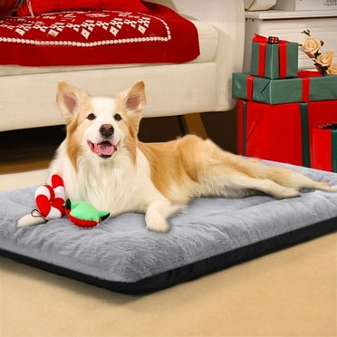 SOPAT Deluxe Washable Dog Bed for Large Dogs Dog Crate Mat 30 Inch Comfy Fluffy Kennel Pad Anti-Slip for Dogs Up to 40 lbs, 30" x 19", Light Gray