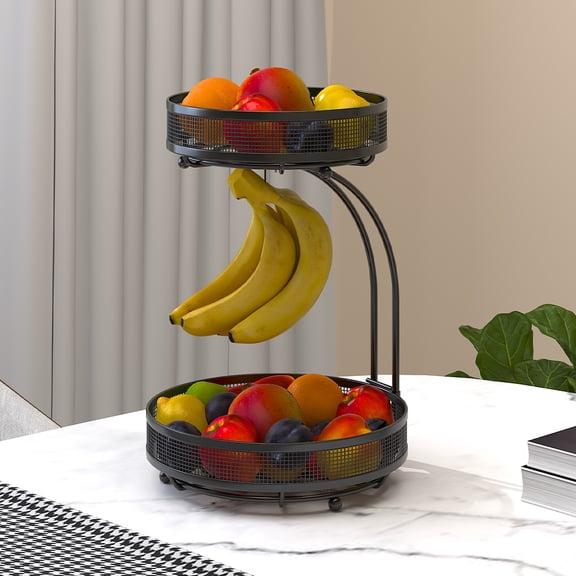SOPOTUTU Two Tier Metal Fruit Basket with Banana Hanger for Kitchen and Fruit Storage