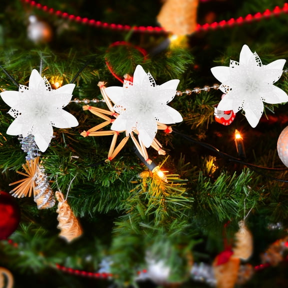 SOPOTUTU Faux Poinsettia Stems White Glitter Powder 12Pcs 4.9In Diameter