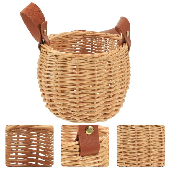 SOPOTUTU Handwoven Small Rustic Rattan Basket with Handle for Living Room Storage and Home Decor