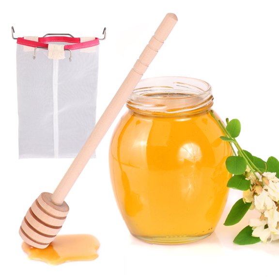 SOPOTUTU 2Pcs Nylon Mesh Honey Strainer Net and Wooden Stick for Kitchen Use
