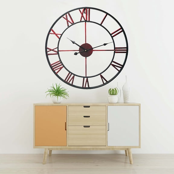 SOPOTUTU Vintage European Metal Clock Red Decorative Wall Clock with Roman Numerals