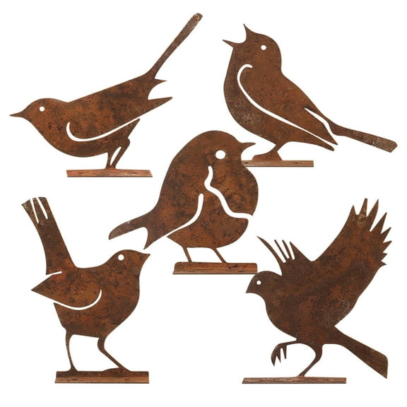 SOPOTUTU 5Pcs Outdoor Rusty Birds Decoration Brown Metal Garden Fence Statue Ornaments