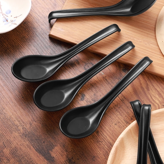 SOPOTUTU 6-Pack Japanese Style Black Plastic Soup Spoons Set for Kitchen and Dining Tableware