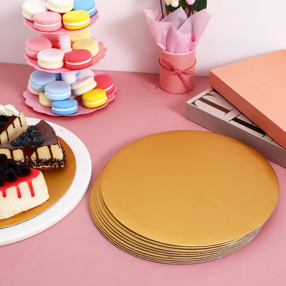 SOPOTUTU 10Pcs Round Cake Base Trays in Golden Color with Robust Corrugated Paper for Baking Use