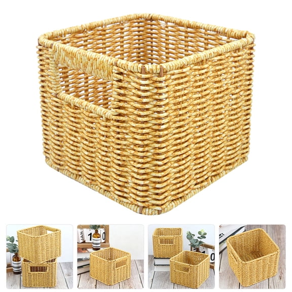 SOPOTUTU Plastic Storage Organizer Basket with Hollow Handle in Khaki for Desktop and Household Use
