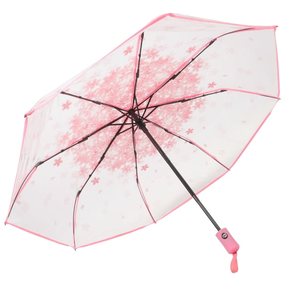 SOPOTUTU Transparent Compact Travel Umbrella with Cherry Blossom Pattern Lightweight Windproof Rain Umbrella
