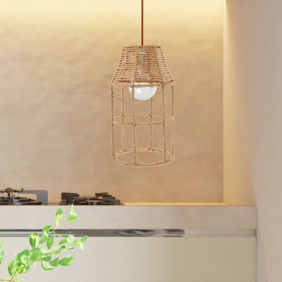 SOPOTUTU Japanese Style Woven Lampshade Khaki Paper Rope Pendant Light for Decor 1 Pack