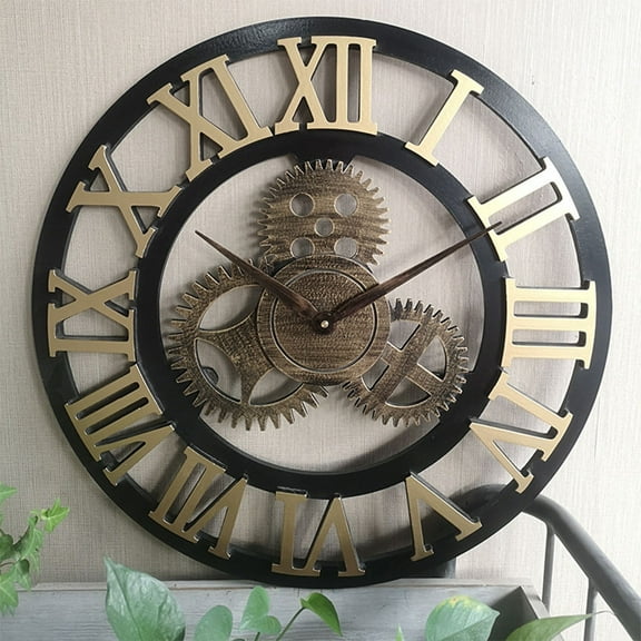 SOPOTUTU Hanging Clock Industrial Gear Style Golden Color Easy to Install Wall Hanging Clock