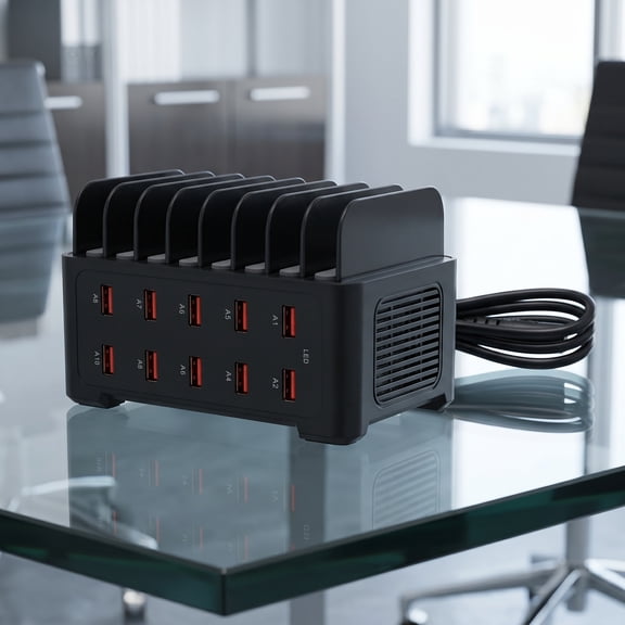 SOPOTUTU USB Charging Station 120W 10-Port Organizer for Multiple Devices Black Plastic Metal