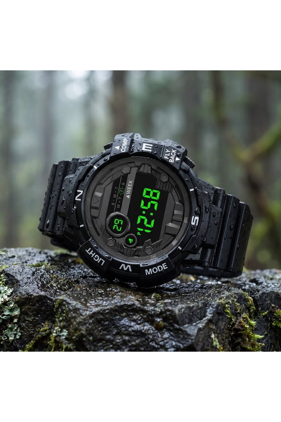Black Outdoor Sports Watch with Adjustable Band, Multi-Functional Digital Features for Lifestyle Use