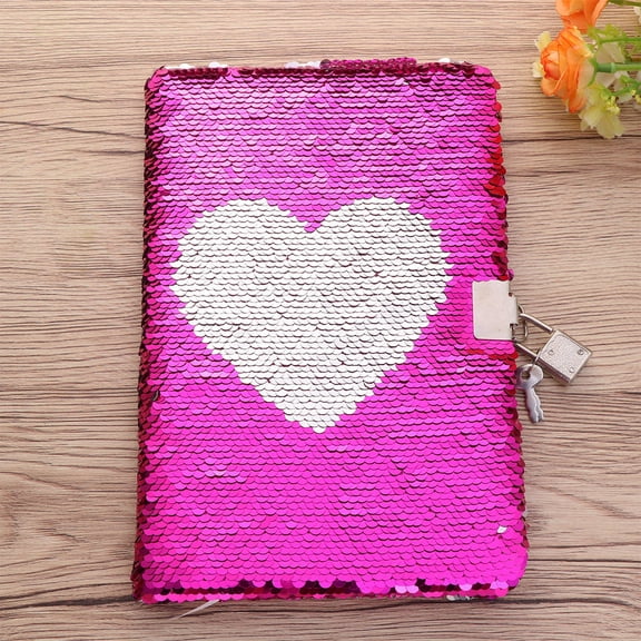 SOPOTUTU Pink Love Heart Notebook with Lock for Writing Diary Sequin Secret Journal Reversible PET Sequins 8.5 x 7 inches