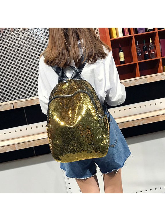 Sequined School Bag Portable PU Backpack for Daily Use 1Pcs for Ladies