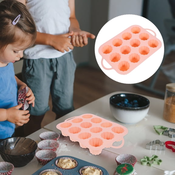 SOPOTUTU Pink Silicone Cake Mold for Baking Reusable Nonstick Muffin Pan with Lace Design for Home Use