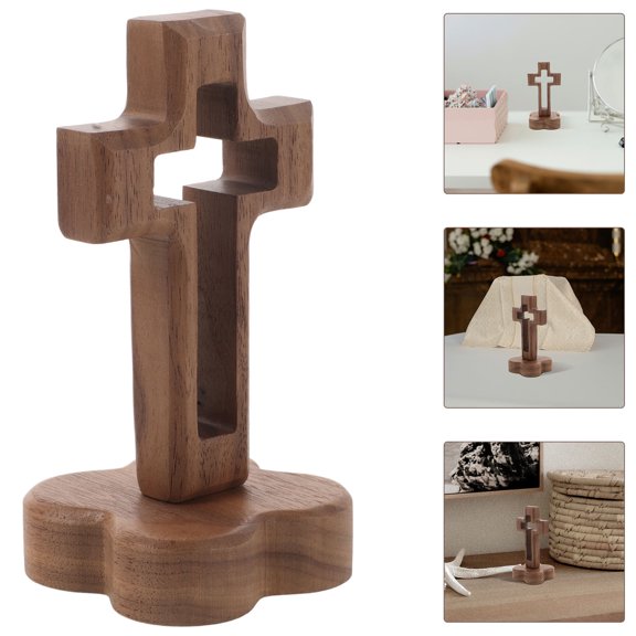 SOPOTUTU Brown Handmade Wooden Cross Decoration Rustic Standing Table Ornament for Home